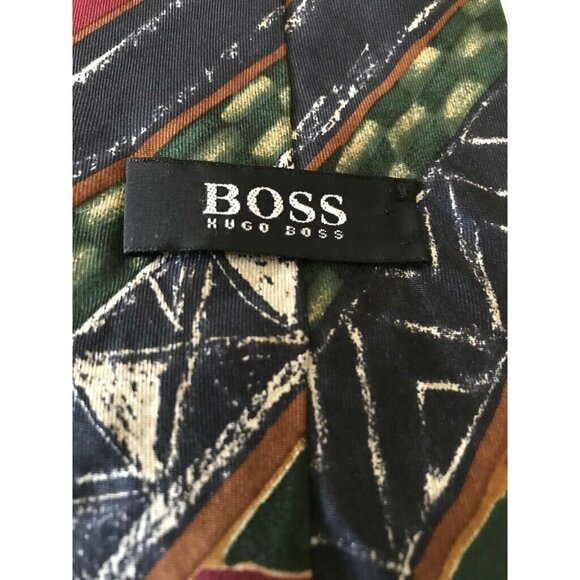 Boss Hugo Boss Black Brown Green Zigzags Triangle Stripes Italian Mens Silk Tie - Picture 1 of 5